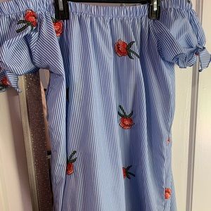 Off the shoulder blue striped dress